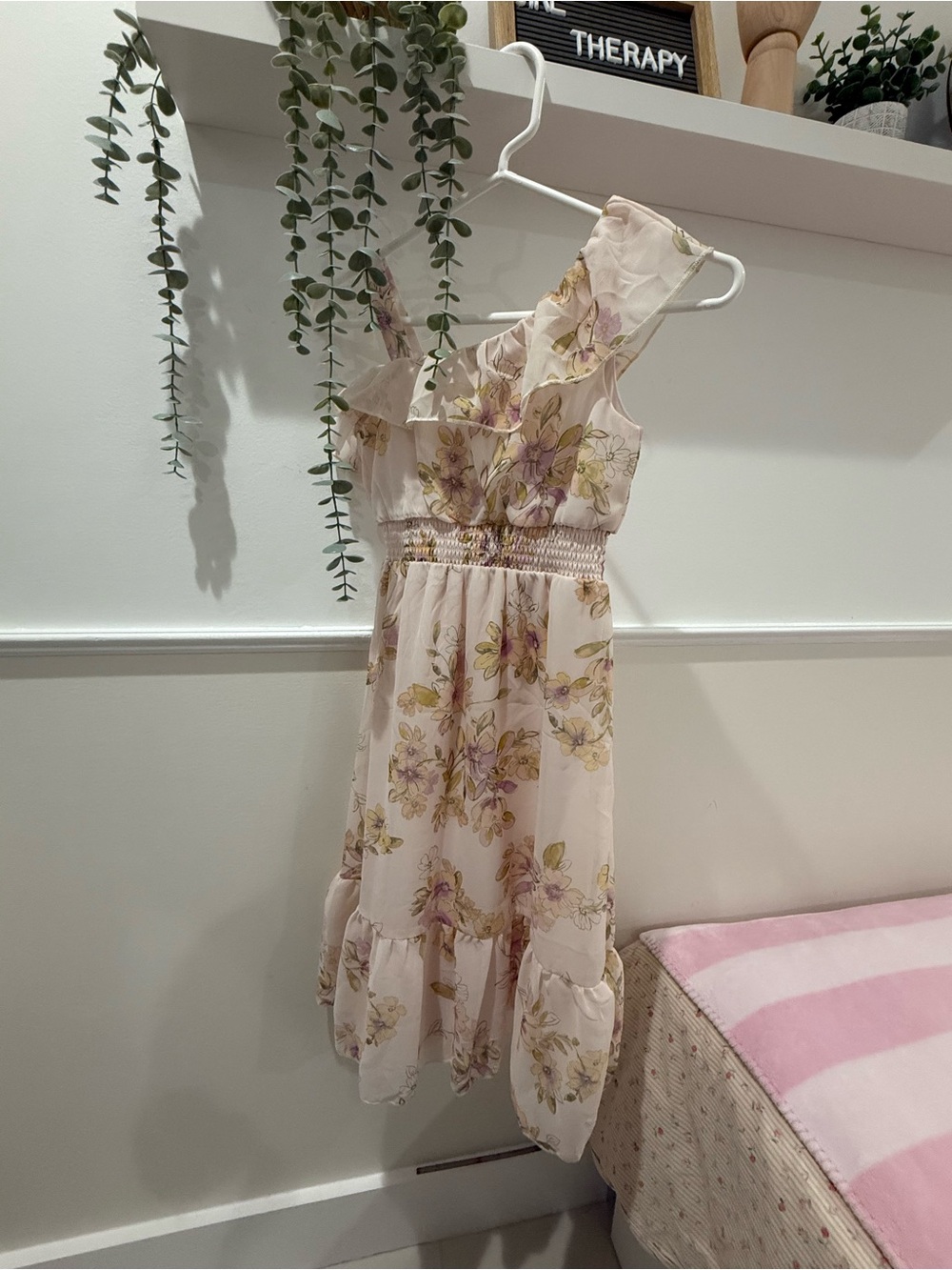 Girls' Pink Floral One-Shoulder Dress